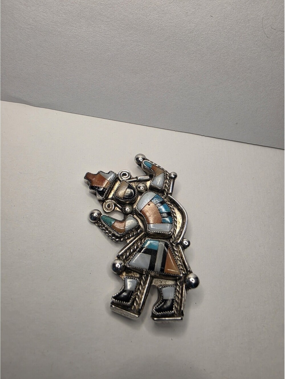 Native American Rare Zuni Inlaid Sterling Silver Rainbowman Brooch BROKEN PIN